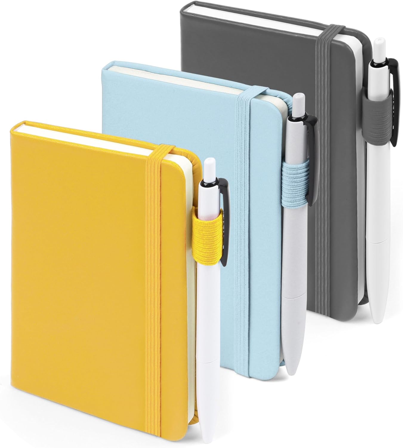 feela 3 Pack Pocket Notebook Journals with 3 Black Pens, A6 Mini Cute Small Journal Notebook Bulk Hardcover College Ruled Notepad with Pen Holder for Office School Supplies, 3.5”x 5.5”, Gray