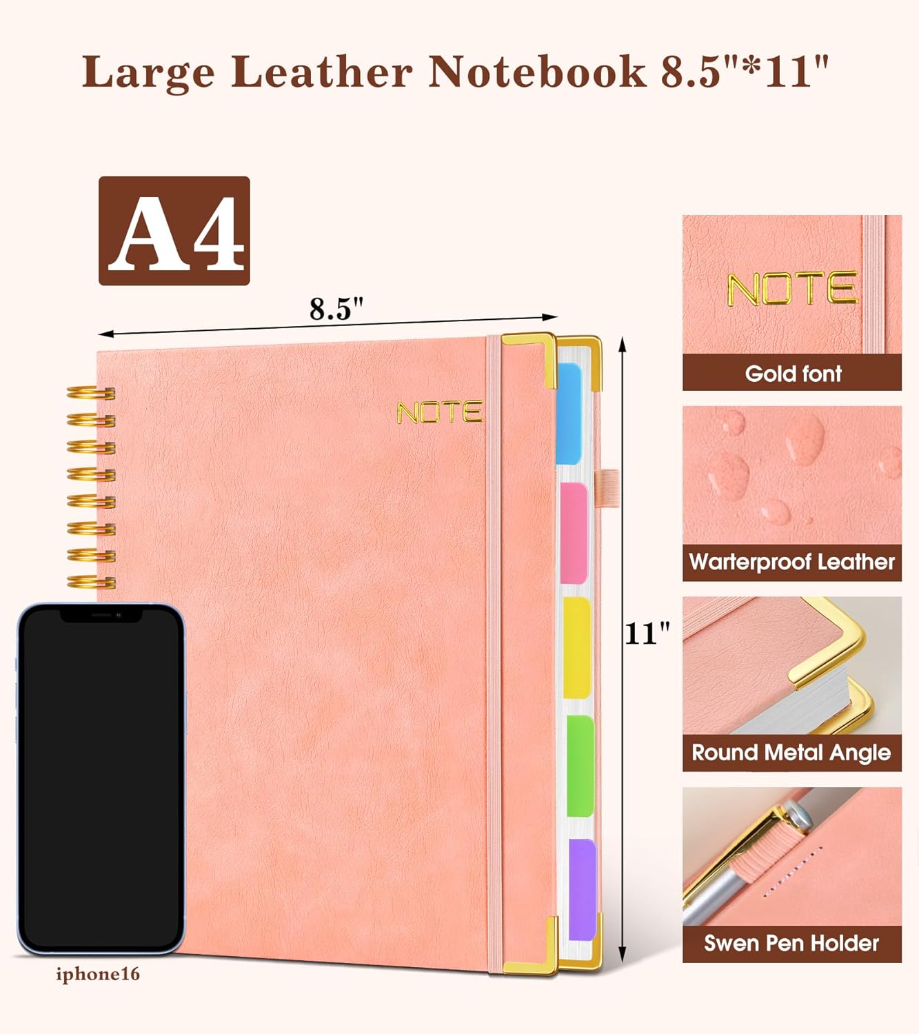 Hardcover Large Spiral Notebook 8.5" x 11" with Removable Dividers Tabs, 300 pages Leather 5 Subject Notebook College Ruled, A4 Journal for Women Men, Notebooks for Work School Note taking,Black