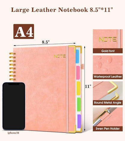 Hardcover Large Spiral Notebook 8.5" x 11" with Removable Dividers Tabs, 300 pages Leather 5 Subject Notebook College Ruled, A4 Journal for Women Men, Notebooks for Work School Note taking,Black