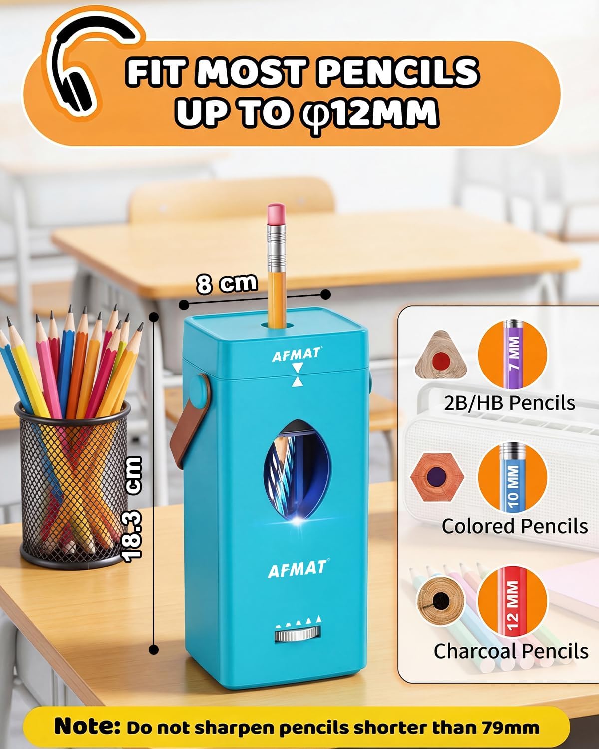 AFMAT Electric Pencil Sharpener, Rechargeable & Cordless, Fully Automatic Pencil Sharpener for Classroom, Auto in & Out, 5 Sharpness Modes, Heavy Duty Sharpeners for 6-12mm No.2/Jumbo Pencils PSC7