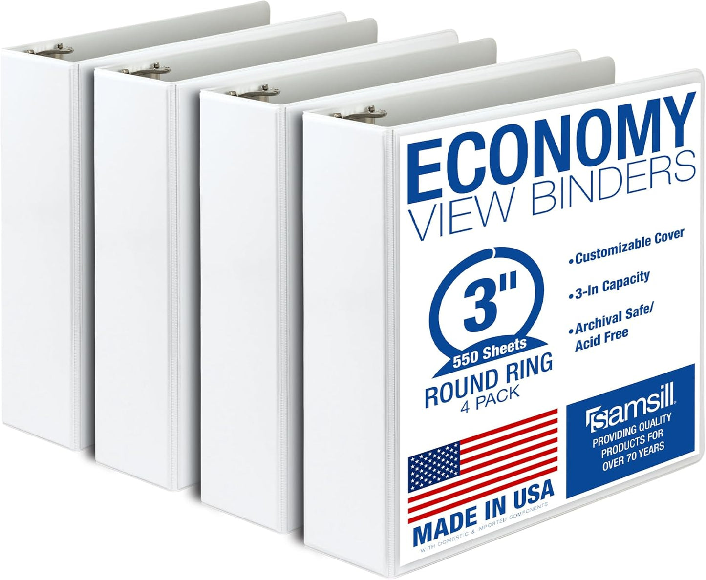 Samsill 1.5 Inch 3 Ring Binders, Economy Round Ring, Clear View Cover, 325 Sheet Capacity - for School, Home, Office - White, 4 Pack