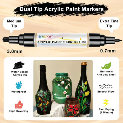 Paint Markers Paint Pens - 2 Pack Dual Tip Acrylic Permanent Marker (0.7mm & 3mm), Non-Toxic, Water-Based for Art Painting, Stone, Ceramic, Glass, Wood, Fabric, Metal, DIY Crafts (White)