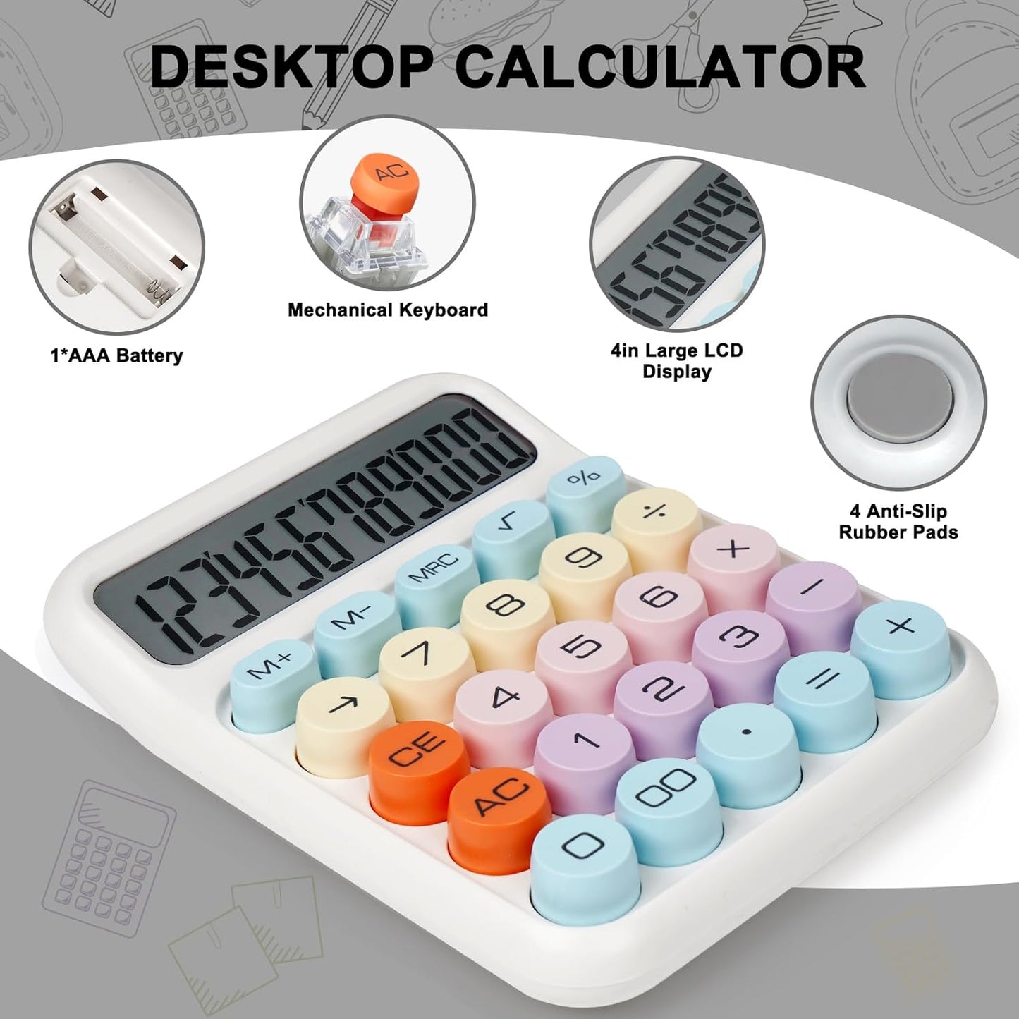Mechanical Switch Calculator with Big Buttons, Calculators Desktop, 12 Digits, Large LCD Display, Desk Calculator, Cute Pink Calculators for Teachers Students Basic Office (Pink)