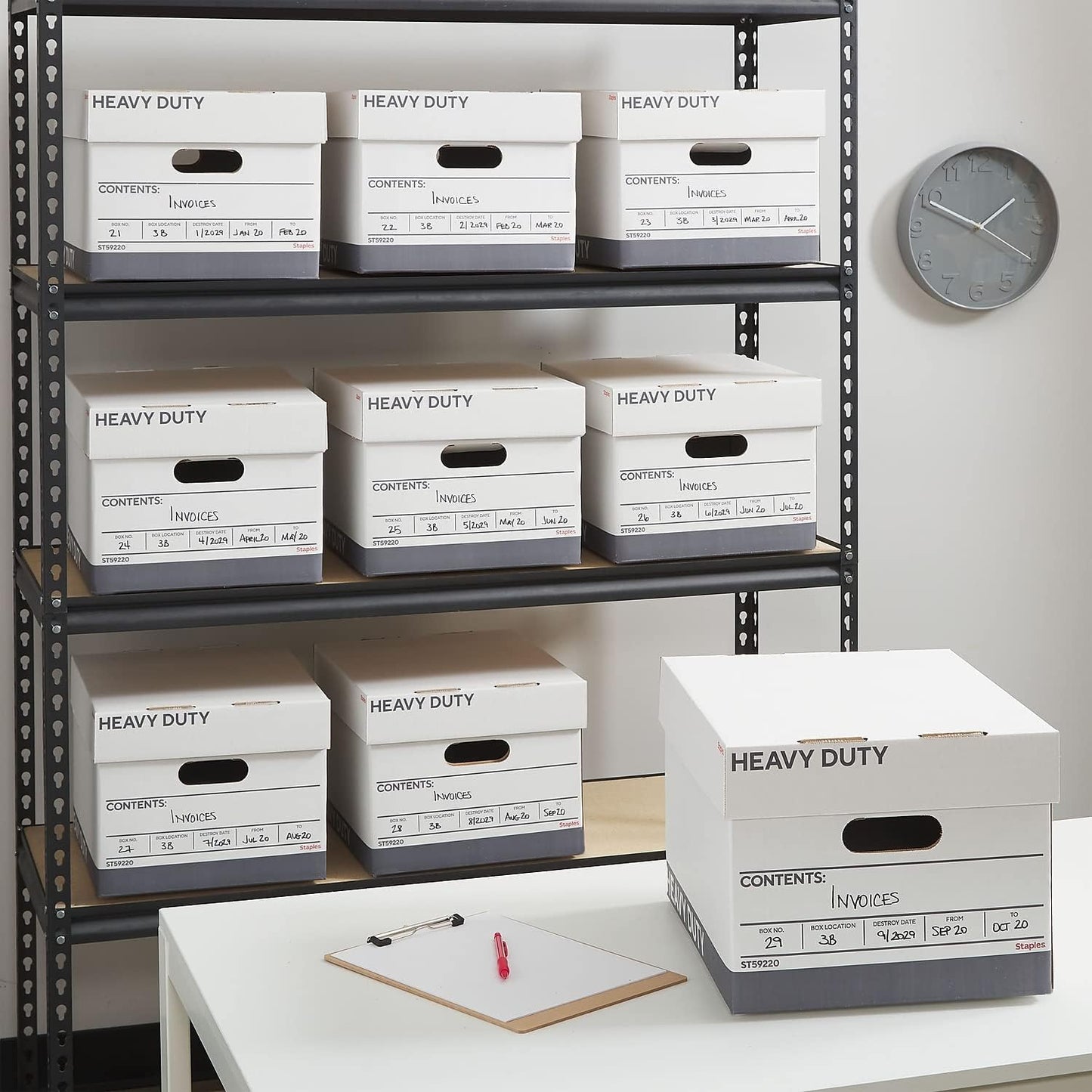 STAPLES Storage & Filing Box, Medium-Duty with Handles & Removeable Lid, Letter Size Documents, Stackable, 12-Pack, White/Gray