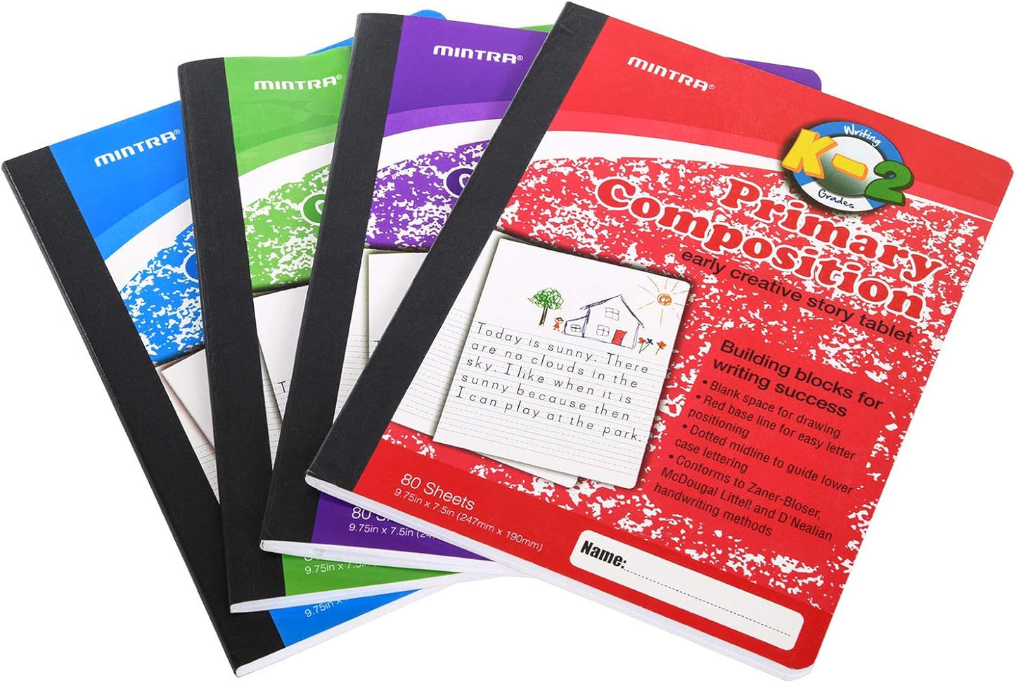 Mintra Primary Composition Notebook, 4 Pack, Assorted Colors 80 Sheets, 7.5in x 9.75in, 1/2 Sheet, Ruled with Drawing Area, Flexible Hardcover Journal, Grades K-2, School & Home Use