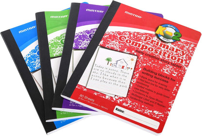 Mintra Primary Composition Notebook, 4 Pack, Assorted Colors 80 Sheets, 7.5in x 9.75in, 1/2 Sheet, Ruled with Drawing Area, Flexible Hardcover Journal, Grades K-2, School & Home Use