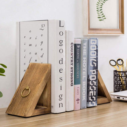MyGift Brass Wood Decorative Bookends Triangular Design, Office Desk Wooden Book Ends, Book Stand for Shelves with Tone Ring Accent, Rustic Burnt
