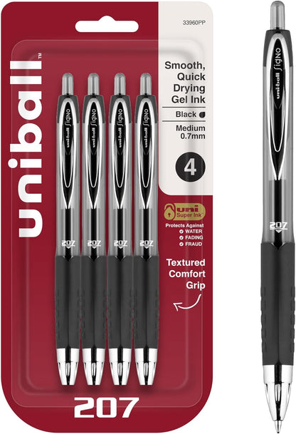uni-ball 207 Retractable Gel Pens Medium Point, 0.7mm, Black, 12 Pack