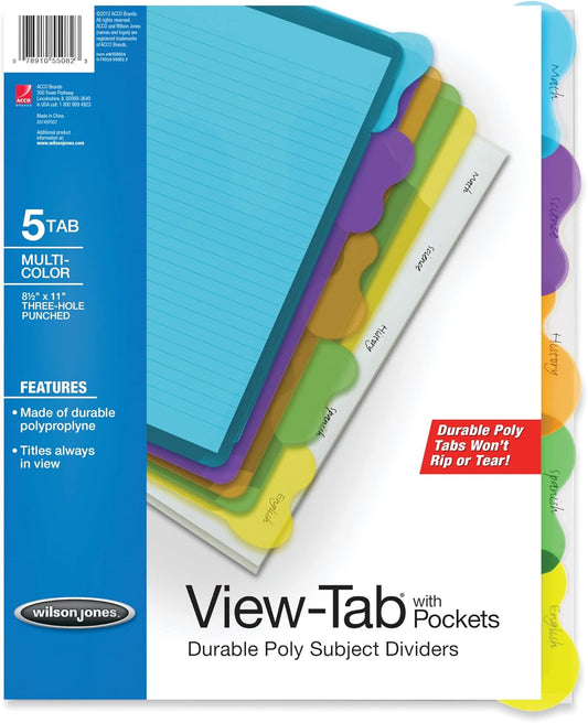 Wilson Jones View-Tab Transparent Dividers, Student Index with Pockets, 5-Tab Set, Multicolor Tabs (W55082)
