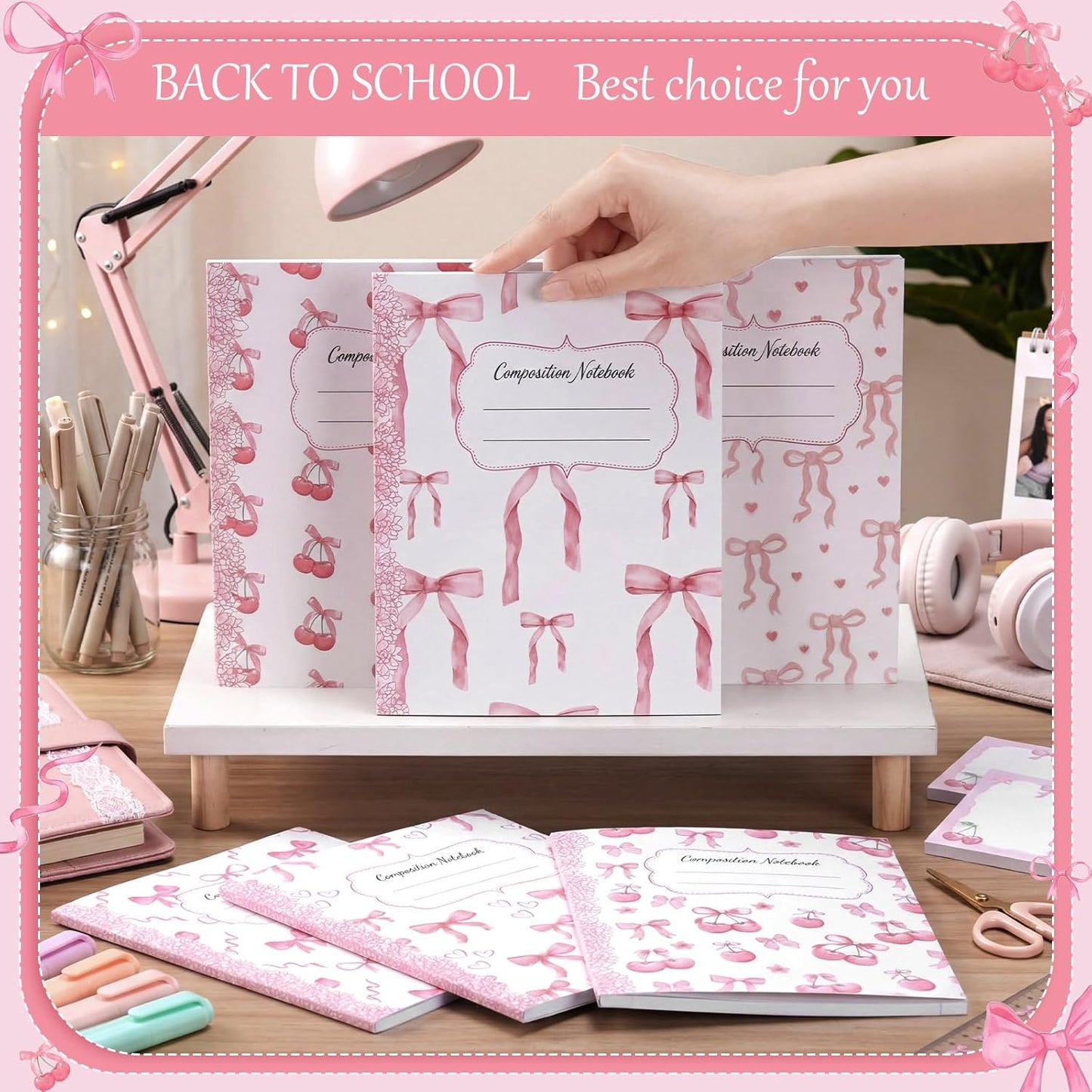 Fullhawl 6 Pcs Bow Composition Notebooks, Preppy Coquette Notebook College Ruled Journal, 110 Page, Cute Back to School Gift for Teacher, Student, First Day of Schooll(Pink,9-3/4 x 7-1/2")