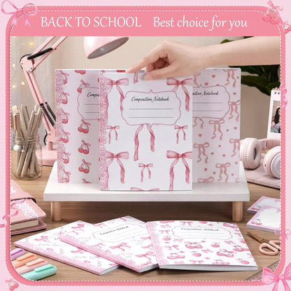 Fullhawl 6 Pcs Bow Composition Notebooks, Preppy Coquette Notebook College Ruled Journal, 110 Page, Cute Back to School Gift for Teacher, Student, First Day of Schooll(Pink,9-3/4 x 7-1/2")