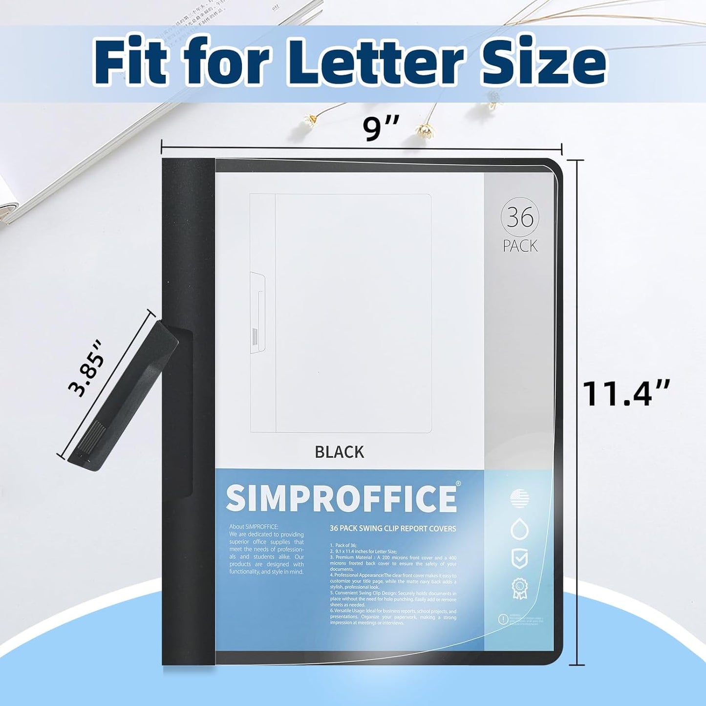 36 Pack Swing Clip Report Covers, Plastic Presentation Folders with Clip for Professional Use, Clear Front and Navy Blue Frosted Back, 9 x 11.4 Inches for Letter Size