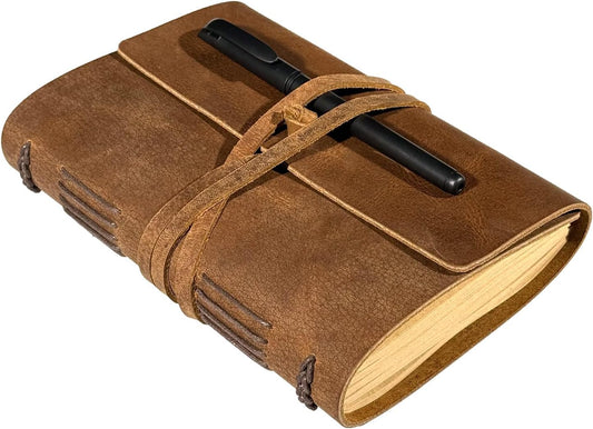 Leather Journal Writing Notebook - Genuine Leather Bound Daily Notepad for Men & Women Lined Paper 240 Kraft Pages, Handmade, Rustic Brown, 5 x 7 in