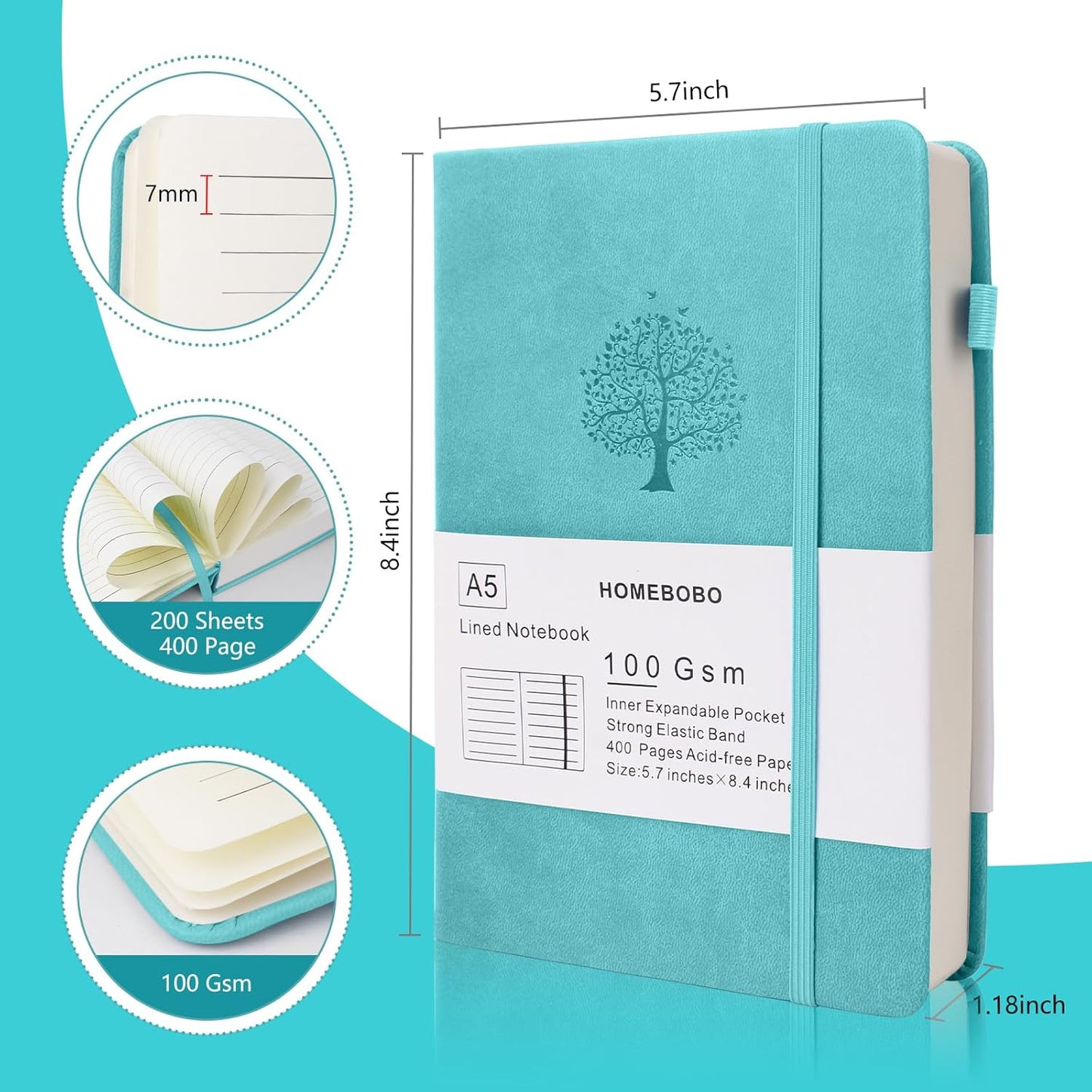 Journals for Writing, A5 Leather Ruled Notebook with 400 Pages, 100 Gms College Ruled Journal with Thick Paper, Hardcover with Inner Pocket & Pen Holder, Dark Green