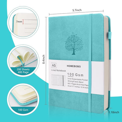 Journals for Writing, A5 Leather Ruled Notebook with 400 Pages, 100 Gms College Ruled Journal with Thick Paper, Hardcover with Inner Pocket & Pen Holder, Dark Green