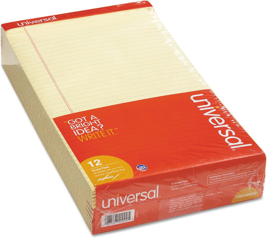 Universal 40000 Perforated Edge Writing Pad, Legal/Margin Rule, Legal, Canary, 50 Sheet (Pack of 12)