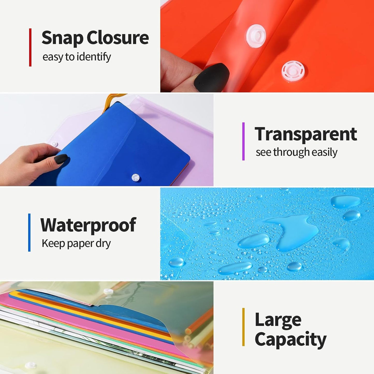 LEOBRO File Folders, 24 PCS Plastic Folders for Documents, A4 Plastic Envelopes with Snap Closure, Letter Size Clear Envelopes Folders, Reusable File Bags, Document Holder