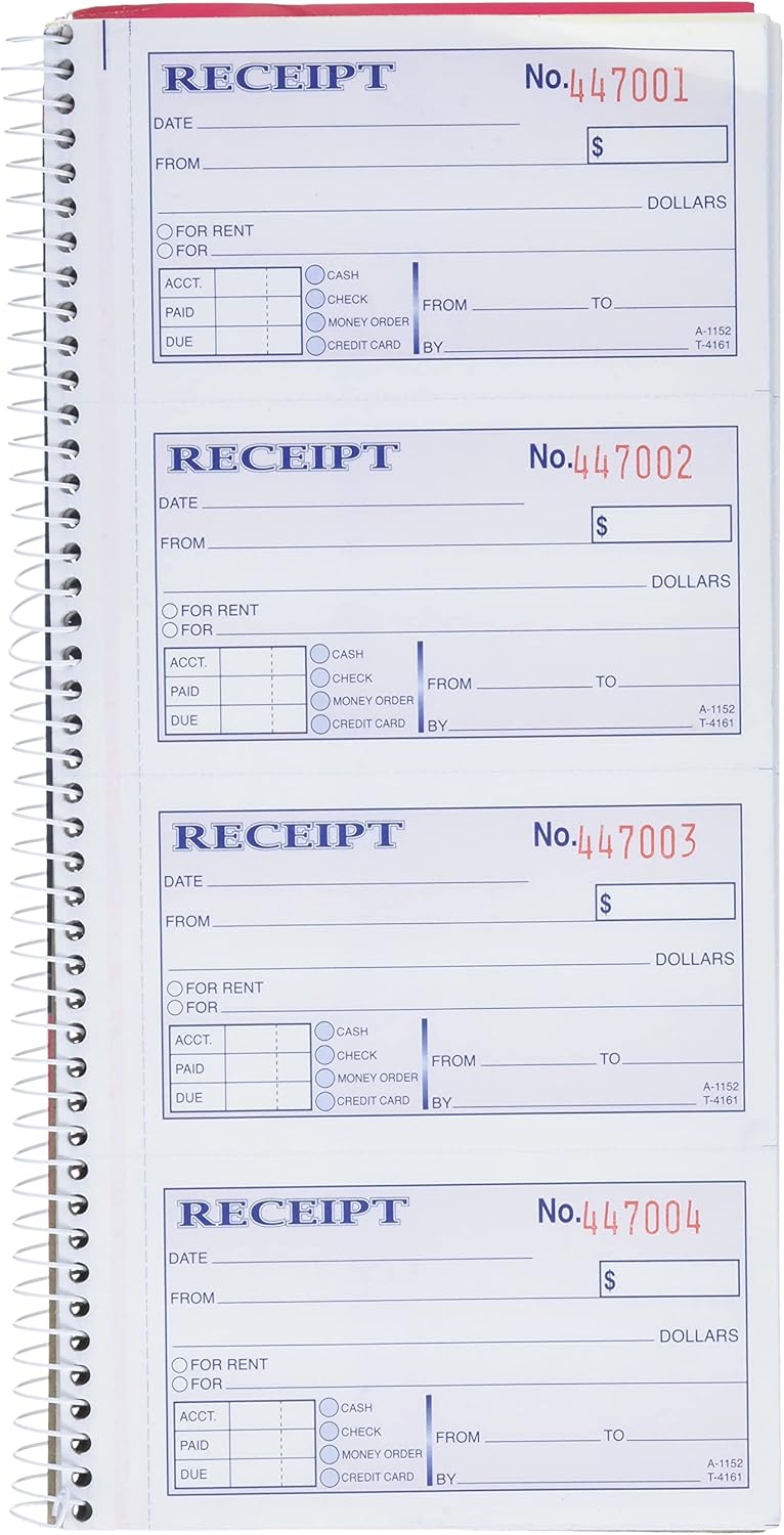 Adams Money and Rent Receipt Book, 2-Part Carbonless, 5-1/4" x 11", Spiral Bound, 200 Sets per Book, 4 Receipts per Page (SC1152)