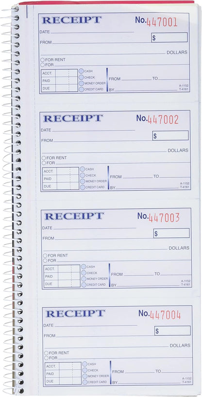 Adams Money and Rent Receipt Book, 2-Part Carbonless, 5-1/4" x 11", Spiral Bound, 200 Sets per Book, 4 Receipts per Page (SC1152)