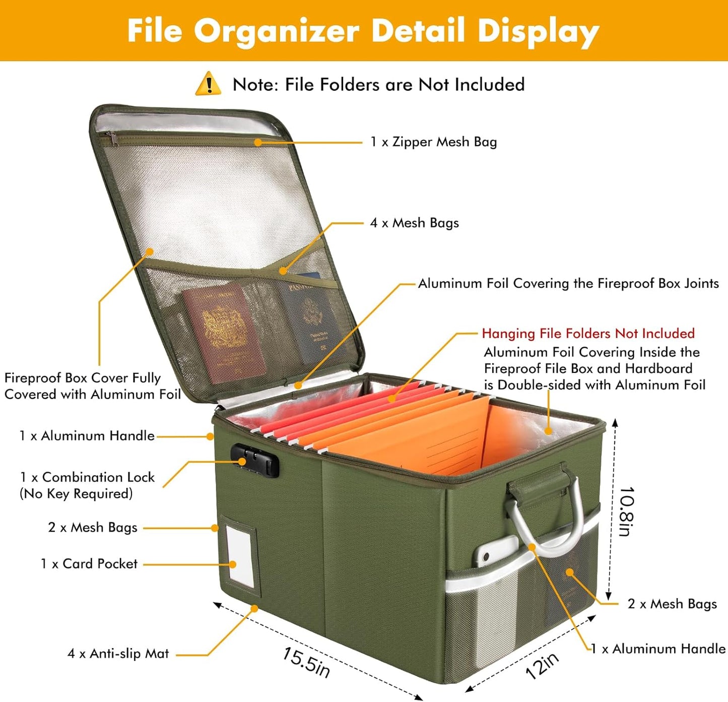 TOMKID Fireproof Document Box, Fireproof File Box with Lids, Important Document Organizer Box with Lock, Portable File Folder Organizer with Handle