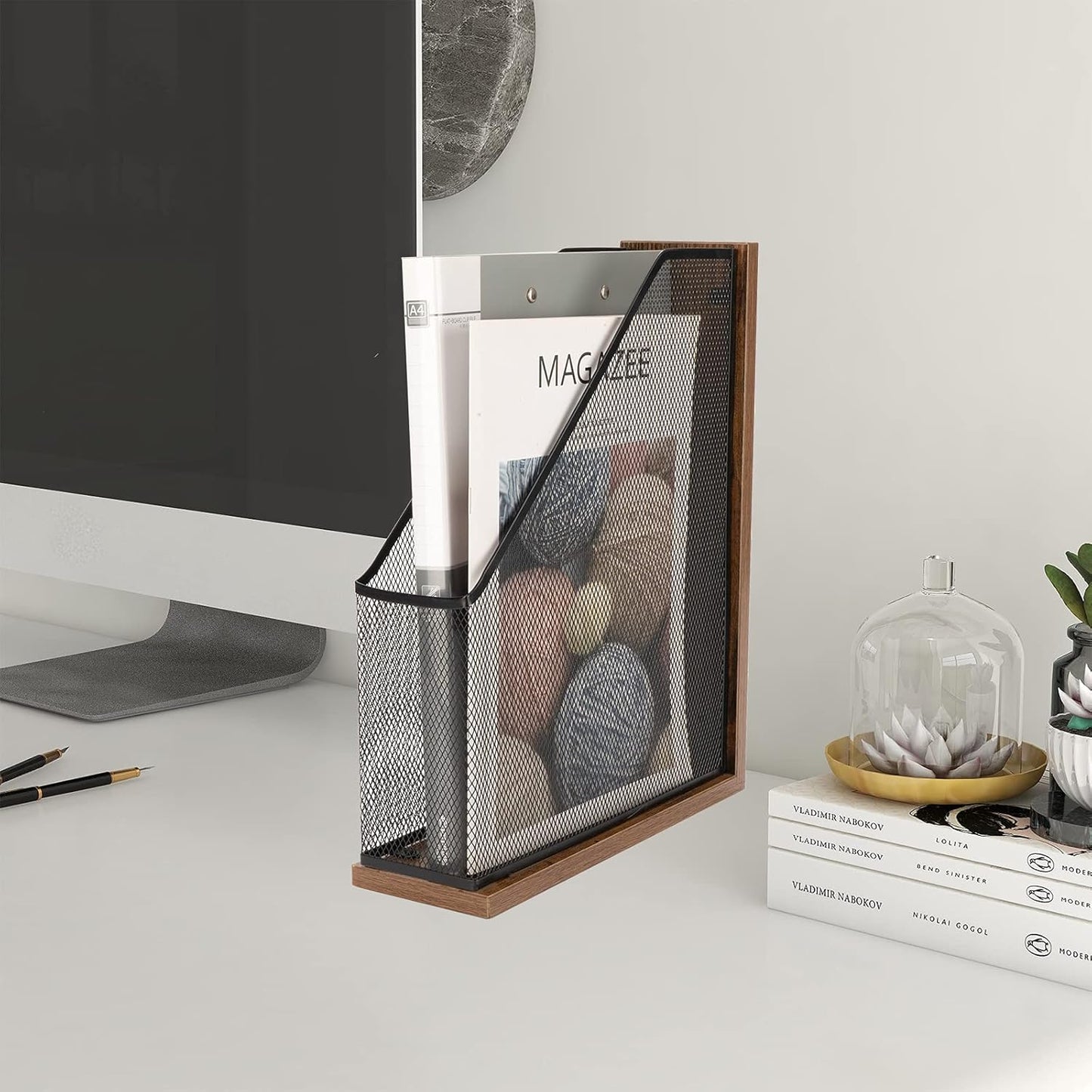 Antique Wooden Magazine File Holder，File Folder Organizer-Document Rack for Office/Home/School（Balck）