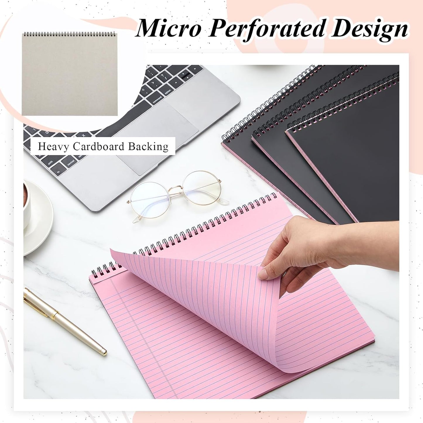 MotiMind 4 Pcs Legal Pads Landscape Notebooks Hole Punched Top Spiral Bound Notebooks 11 x 9.5 Inch College Ruled Drawing Notepad Tear Line for Removal 50 Sheet Office Steno Book(White)
