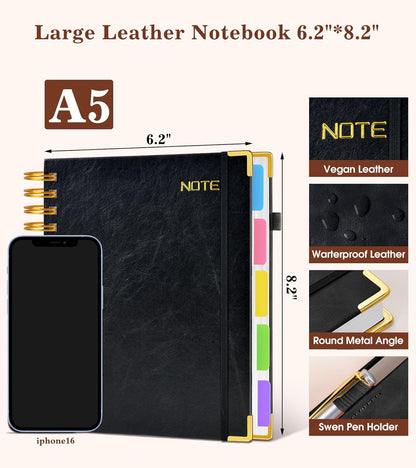 Hardcover Large Spiral Notebook 8.5" x 11" with Removable Dividers Tabs, 300 pages Leather 5 Subject Notebook College Ruled, A4 Journal for Women Men, Notebooks for Work School Note taking,Black