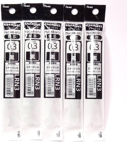 Pentel 0.3mm Black Ink Refill (XLRN3-A), for EnerGel Retract Ballpoint Pen(BLN73-A), × 5 Pack/total 5 pcs (Japan Import) [Komainu-Dou Original Package]