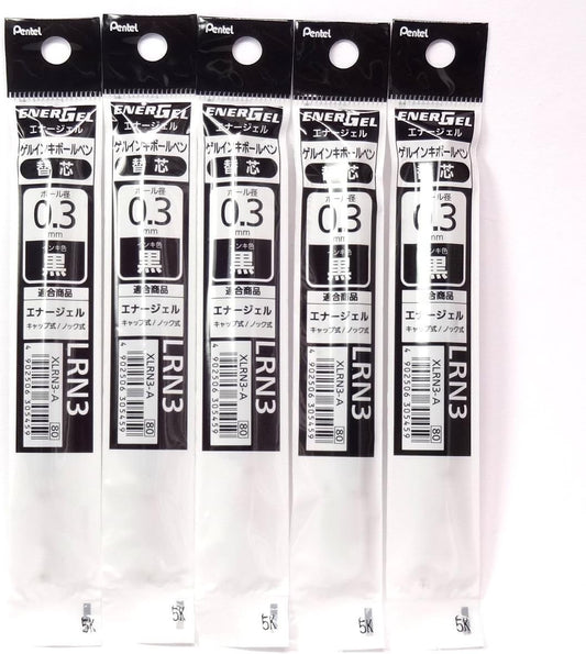 Pentel 0.3mm Black Ink Refill (XLRN3-A), for EnerGel Retract Ballpoint Pen(BLN73-A), × 5 Pack/total 5 pcs (Japan Import) [Komainu-Dou Original Package]