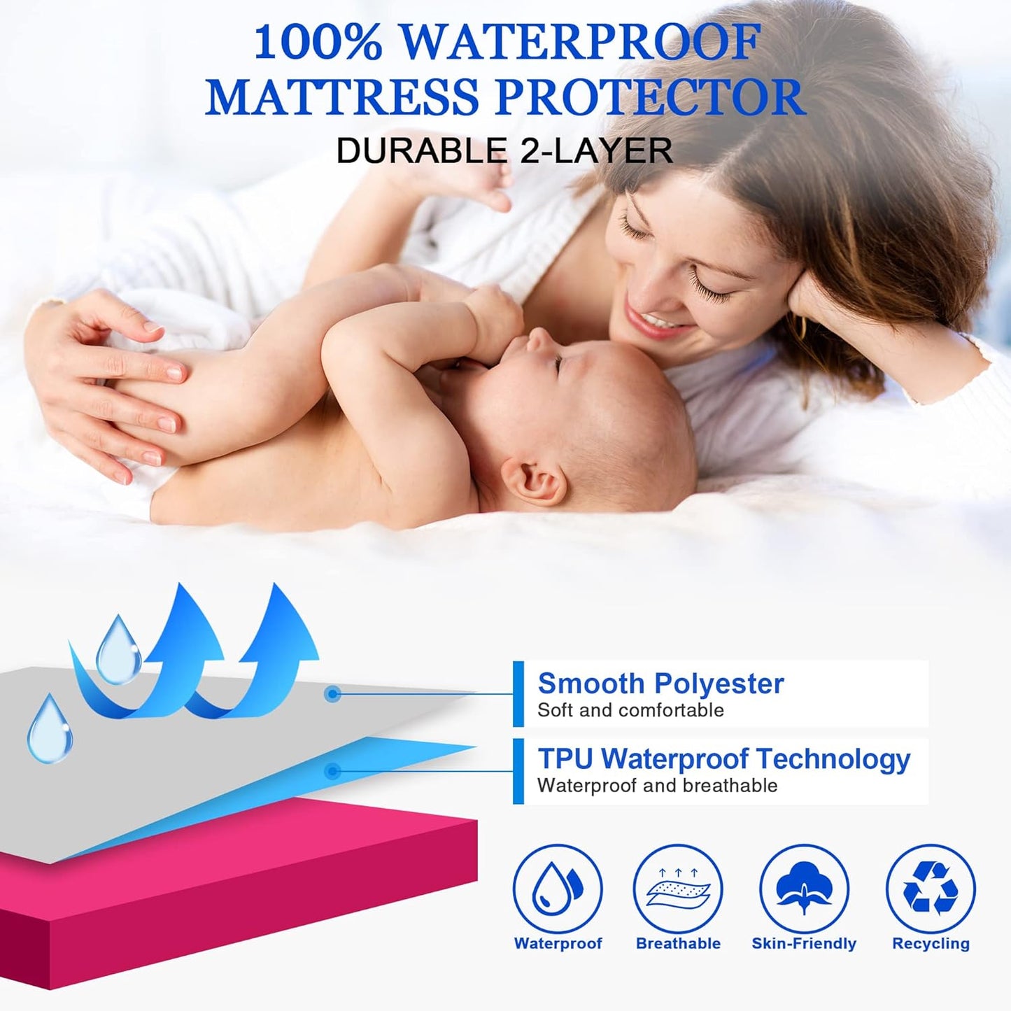 Sufdari Mattress Protector,Waterproof 18" Deep Pocket Mattress Cover Fitted Sheet Style with Elastic Rubber Band,Washable and Easy Care-Black,Queen