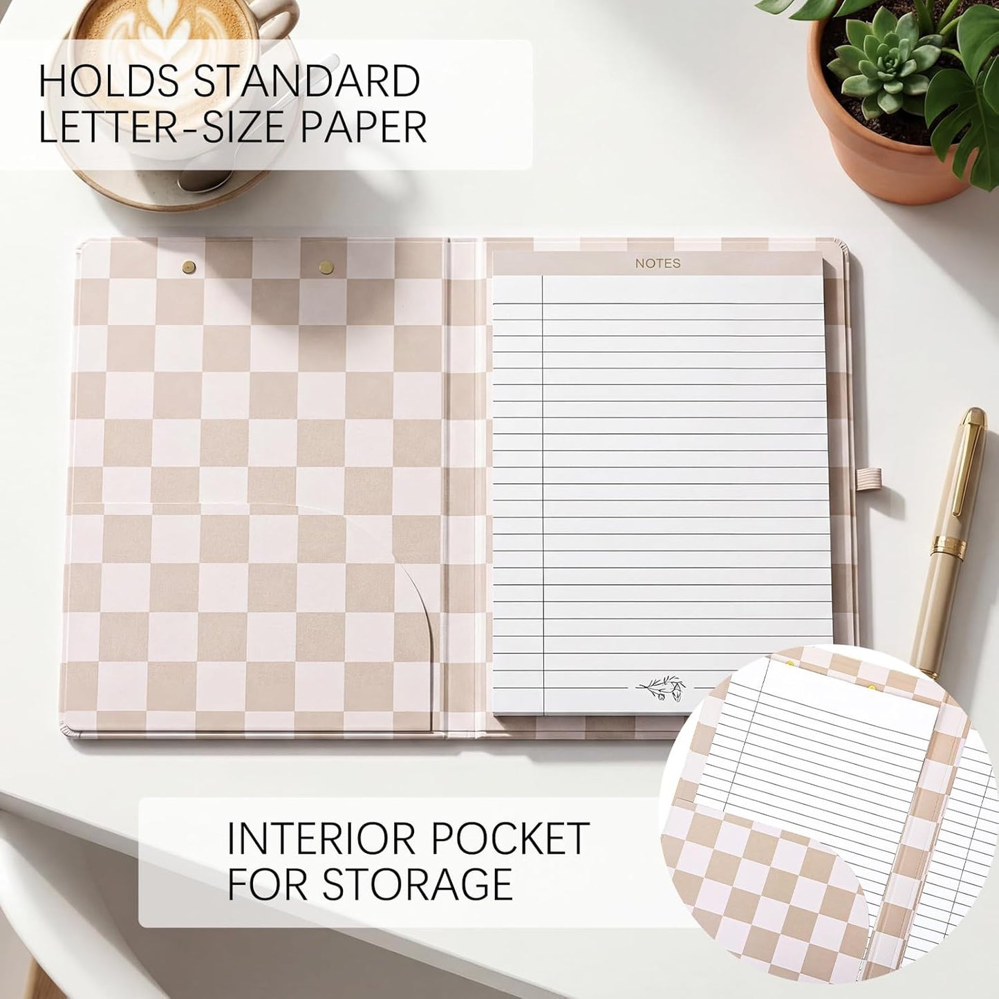 Affrolling Checkered Clipboard Padfolio with Refillable Lined Notepad and Interior Storage Pocket, Portfolio Folder Organizer Legal Pad Holder for Work Business Office(Brown)