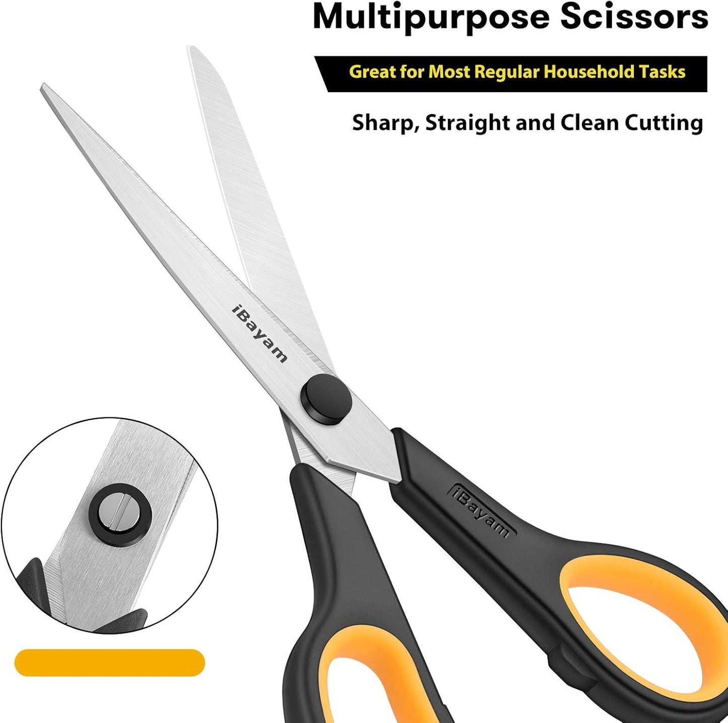 Scissors, iBayam 8" All Purpose Scissors Bulk 3-Pack, Ultra Sharp 2.5mm Thick Blade Shears Comfort-Grip for Aesthetic Fun Cute School Office Teacher Desk Crafts and Art Supplies Accessories Essential