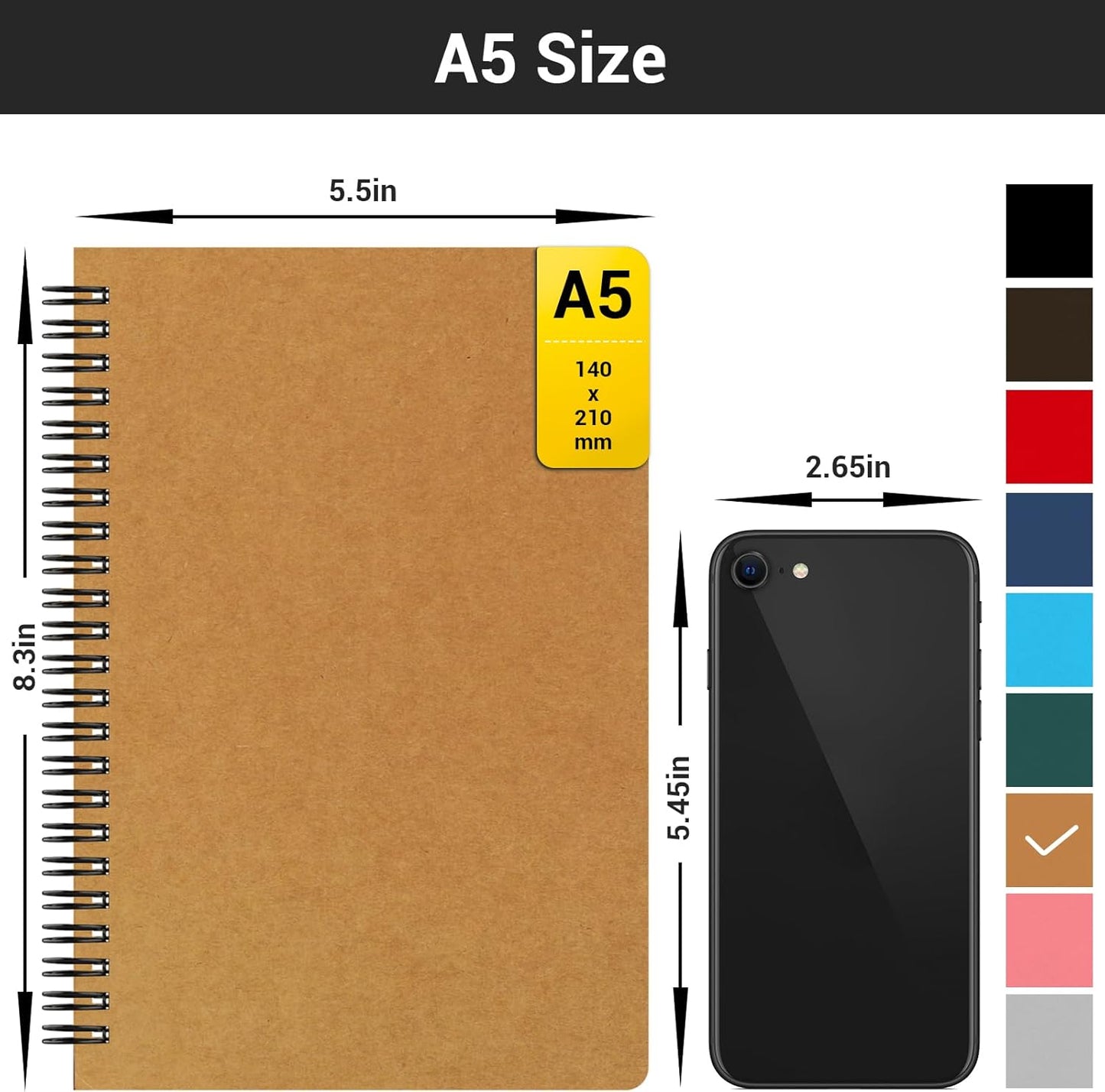 EUSOAR Spiral Notebook, A5 12packs 5.5"X8.3" 120 Pages Lined Travel Writing Notebooks Journal, Memo Notepad Sketchbook, Students College Office Business Subject Diary Ruled Book Journal-Black Cover