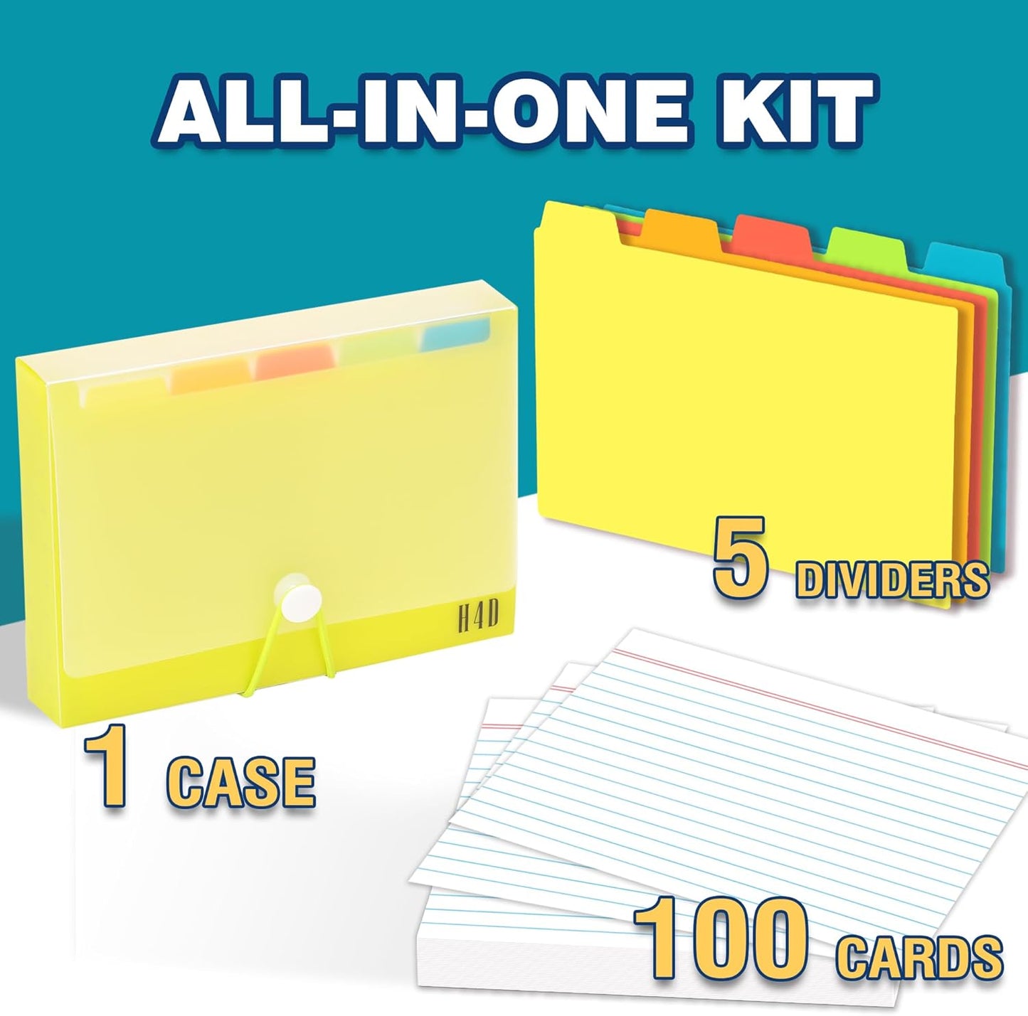 H4D 3x5 Index Card Case with 100 Heavyweight Ruled Index Cards and Dividers, Black