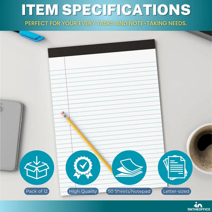 1InTheOffice Note Pads 8.5 x 11, Wide-Ruled Letter Size Writing Pads, White 50 Sheets per Notepads, 12 Pack