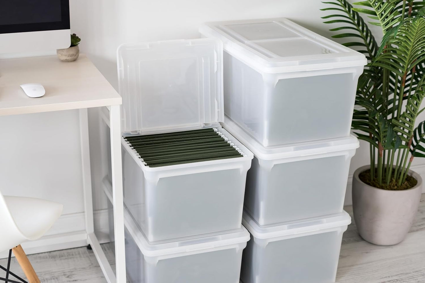IRIS USA File Box, File Organizer w/Hinged Split Lid for Letter File, Important Document Box, Plastic Storage Filing Bin for Moving, Stackable Nestable Portable, Pearl 44 Qt. 4 Pack