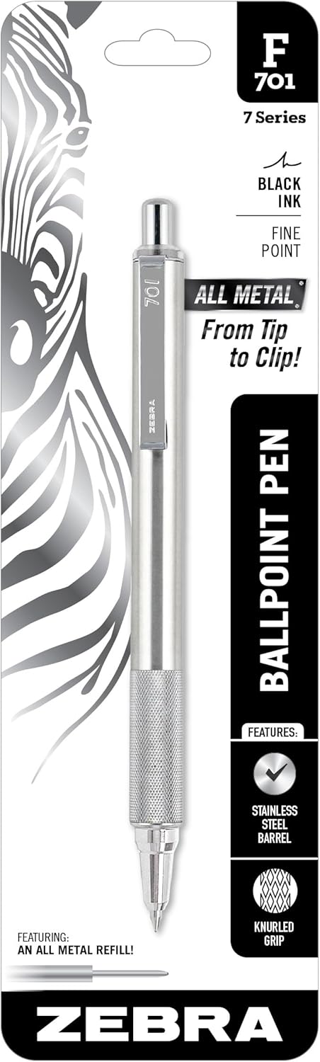 Zebra Pen F-701 Ballpoint Black Ink Fine Point 0.8mm Pen, Heavy Duty, Durable Stainless Steel Barrel, Knurled Grip, Silent Retractable Plunger, Ideal for Tactical Use, 3-Pack Plus 2 Refills (29412)