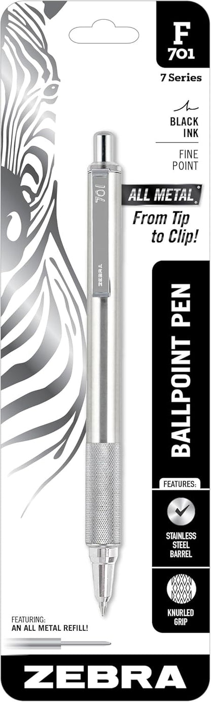 Zebra Pen F-701 Ballpoint Black Ink Fine Point 0.8mm Pen, Heavy Duty, Durable Stainless Steel Barrel, Knurled Grip, Silent Retractable Plunger, Ideal for Tactical Use, 3-Pack Plus 2 Refills (29412)