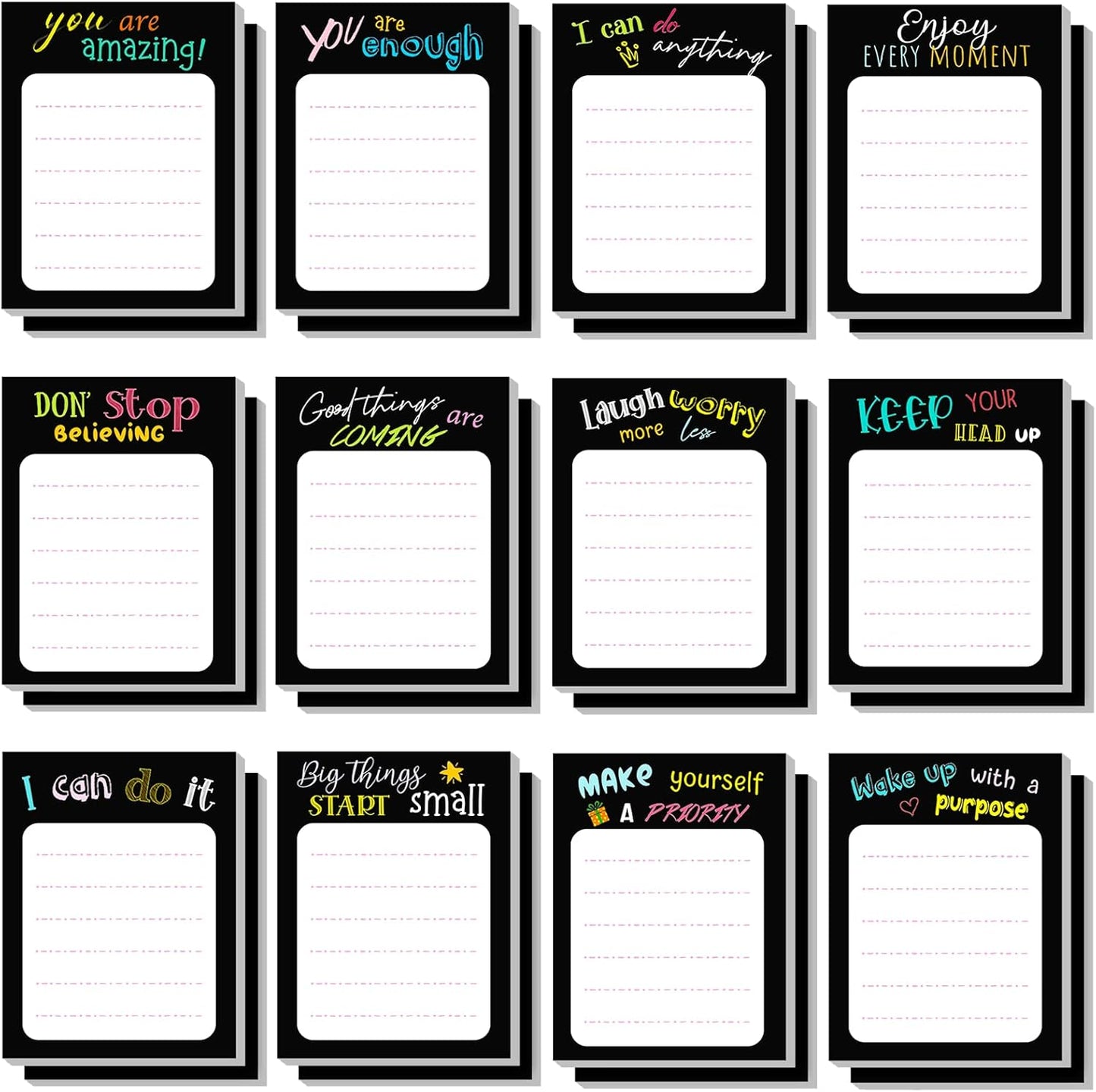 Yinder 24 Pack Inspirational Sticky Notes Motivational Notepads Appreciation Sticky Notes Funny Memo Pads Positive Note Bulk 3 x 4 Gift for Women Nurse Teacher Office Supplies(Black,Inspirational)