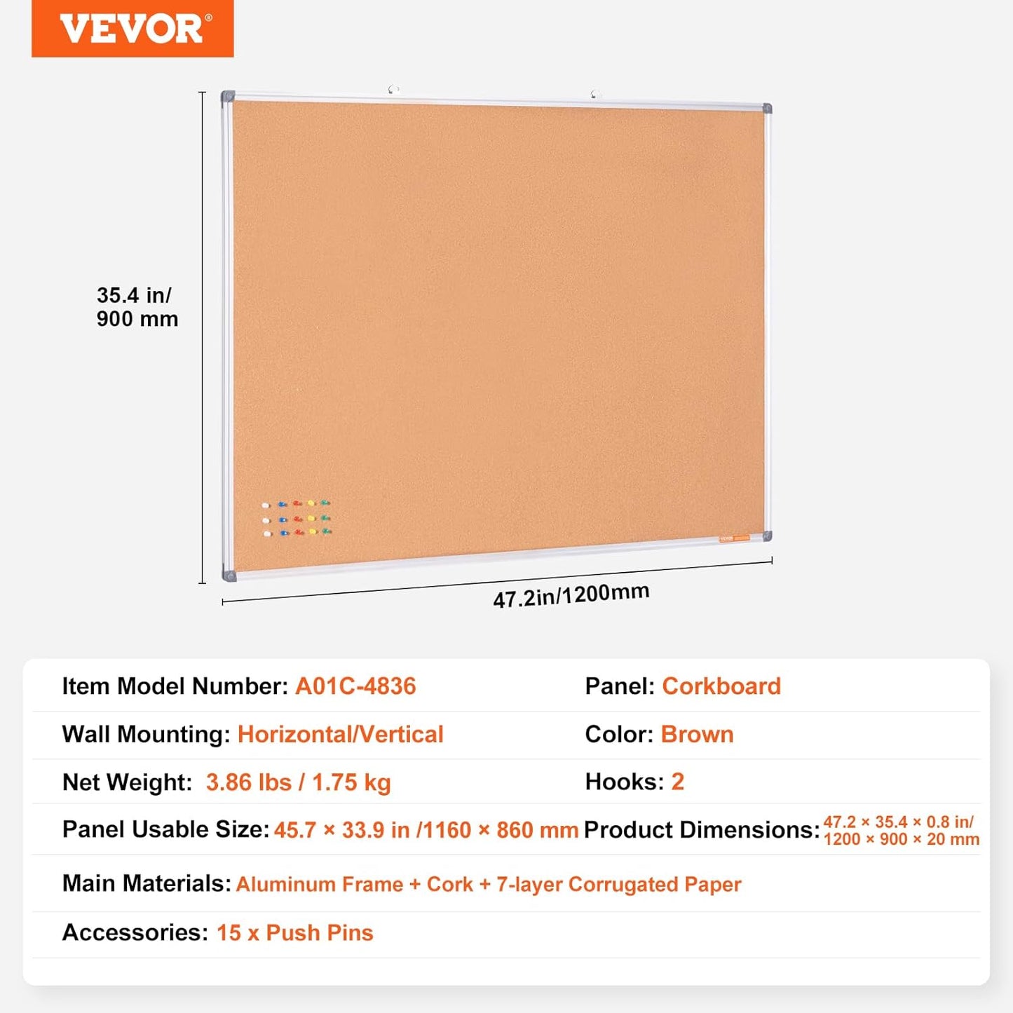 VEVOR 24 x 36 Cork Board, Large Bulletin Board with Black MDF Frame, Wall Mounted Pin Board for Office, School and Home Decor, Hanging Message Board for Pictures and Notes, 10 Push Pins Included