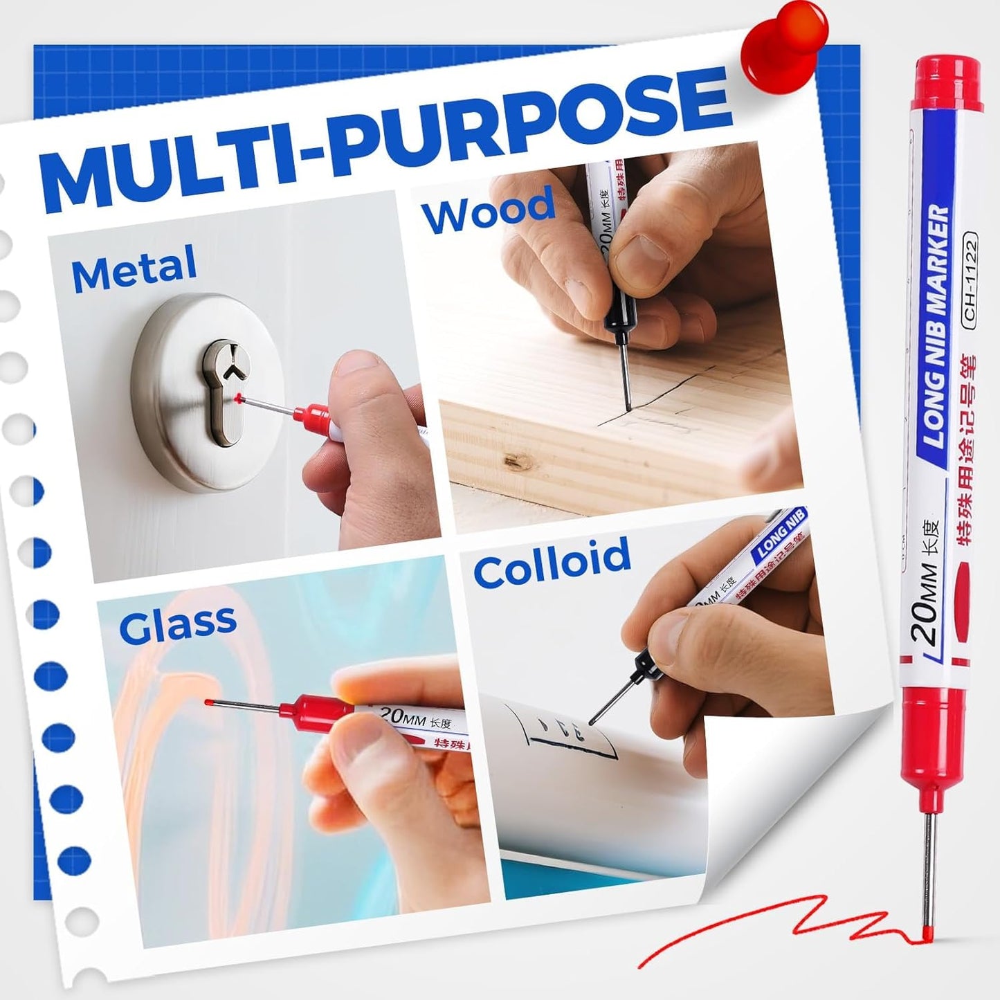 10 PCS Long Head Deep Hole Marker Pens, 20 MM Long Nib Marker for Metal, Multi-purpose Deep Reach Markers Quick Dry Waterproof Marking Pens Construction Markers with Long Nose