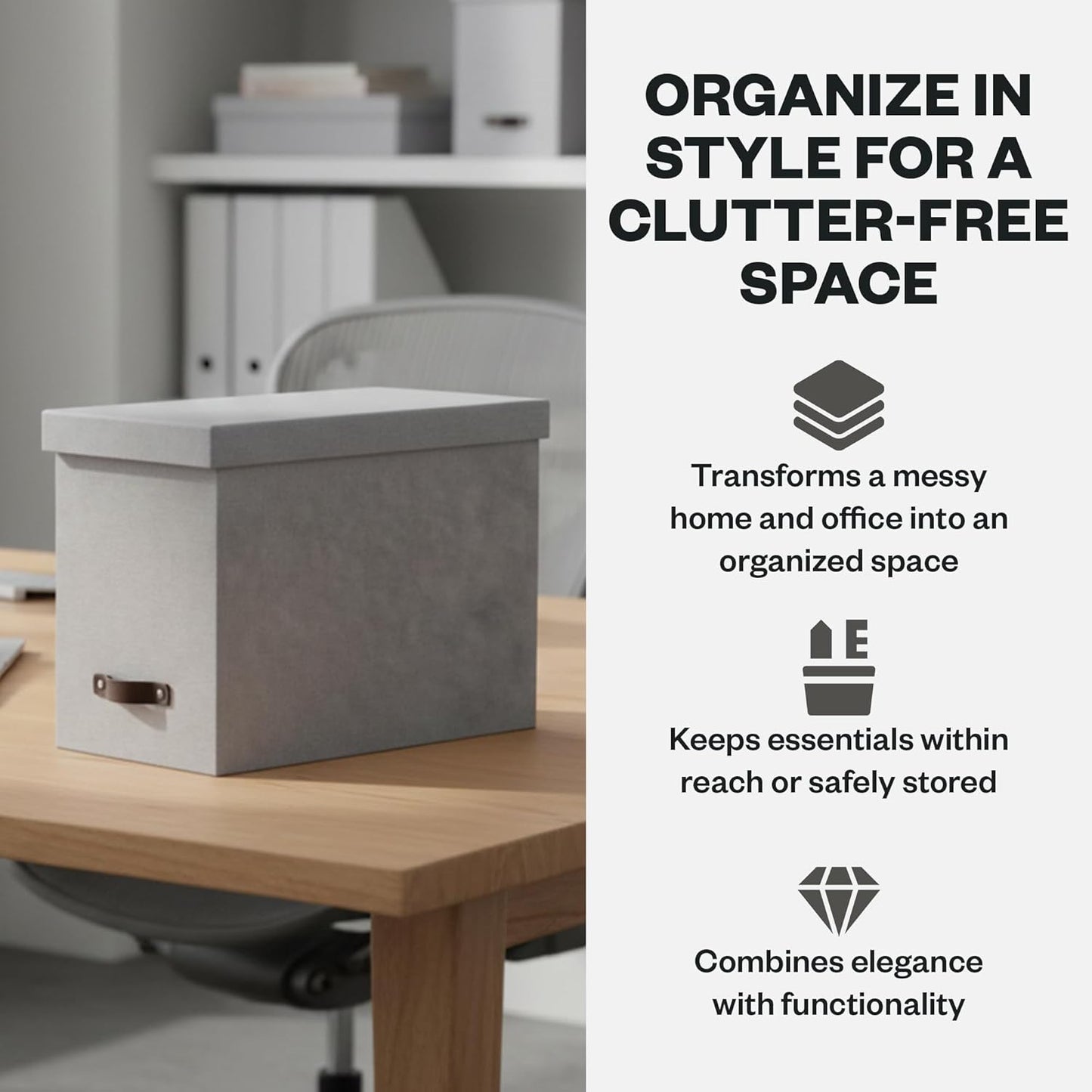 Bigso John Desktop File Box - Storage Solution and Document Organizer for Important Paperwork - Durable Hanging File Box with a Lid and Leather Handle - 7.36 in x 13.26 in x 10.51 in - Grey
