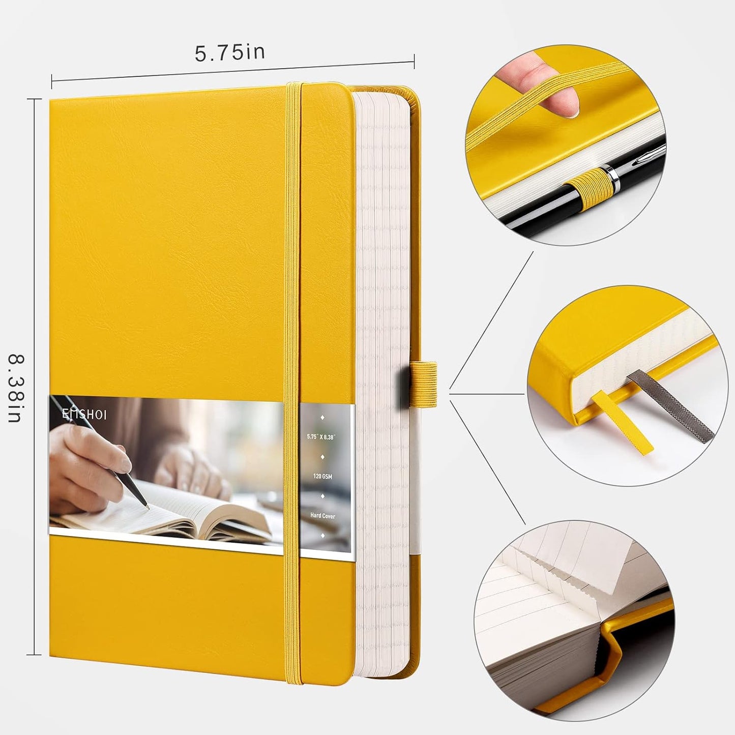 EMSHOI Graph Paper Notebook - 256 Pages A5 Graph Notebook/Journal, Hard Cover, 120gsm Thick Paper, Smooth PU Leather, Inner Pocket, 5.75'' × 8.38''-Black
