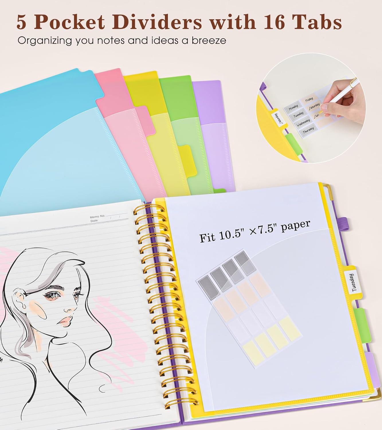Hardcover Large Spiral Notebook 8.5" x 11" with Removable Dividers Tabs, 300 pages Leather 5 Subject Notebook College Ruled, A4 Journal for Women Men, Notebooks for Work School Note taking,Black