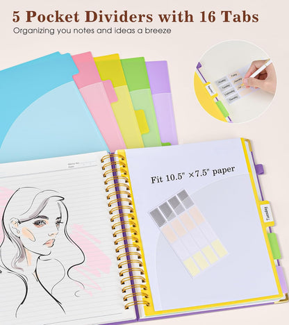 Hardcover Large Spiral Notebook 8.5" x 11" with Removable Dividers Tabs, 300 pages Leather 5 Subject Notebook College Ruled, A4 Journal for Women Men, Notebooks for Work School Note taking,Black