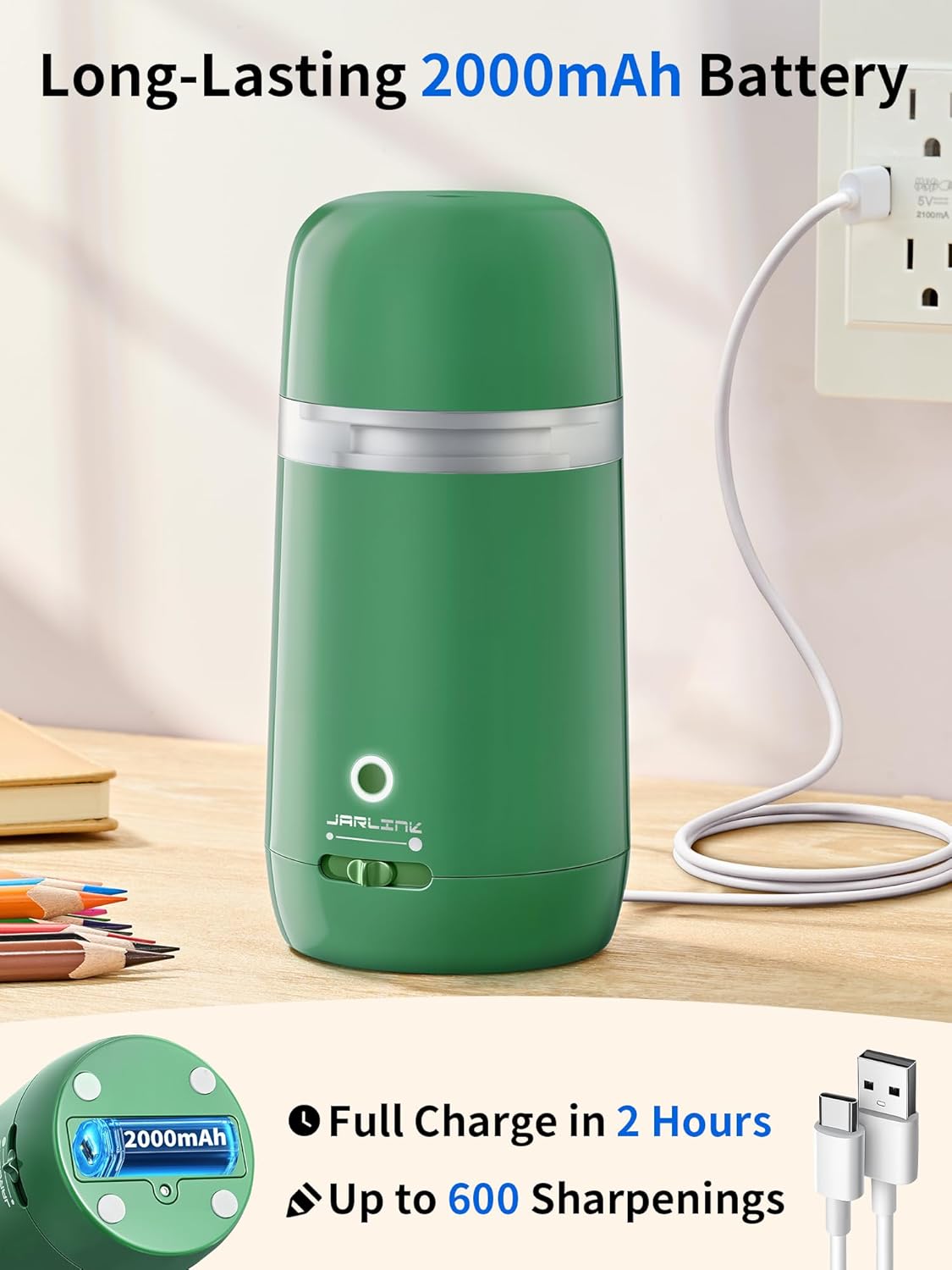 JARLINK Automatic Electric Pencil Sharpener - Hands-Free Operation, 3 Sharpness Modes, 3-Second Sharpening, Rechargeable & Portable for 7-12mm Pencils, Ideal for Classroom and Home Use (Black)