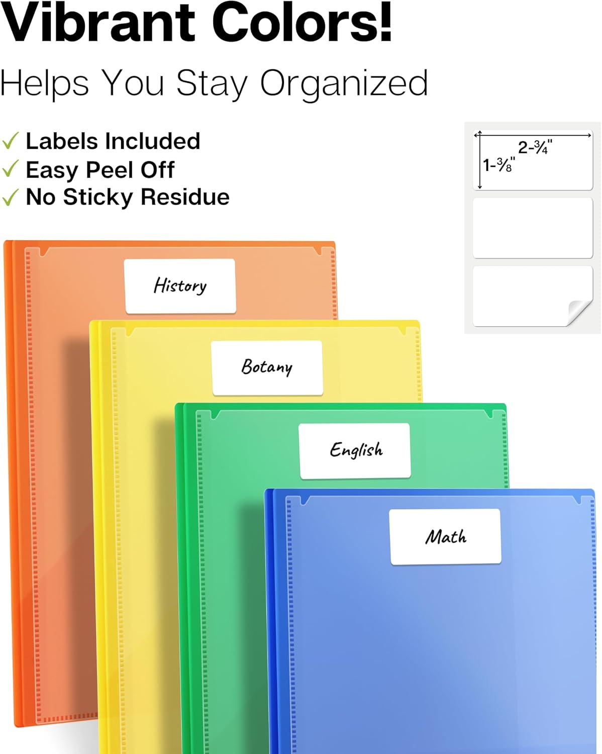 Dunwell 2-Pocket 3-Prong Folders with Clear Front View Pocket, 6 Vibrant Colors, Durable Acid-Free Poly Plastic, 3-Hole Binders with Brads and Pockets, Include Labels