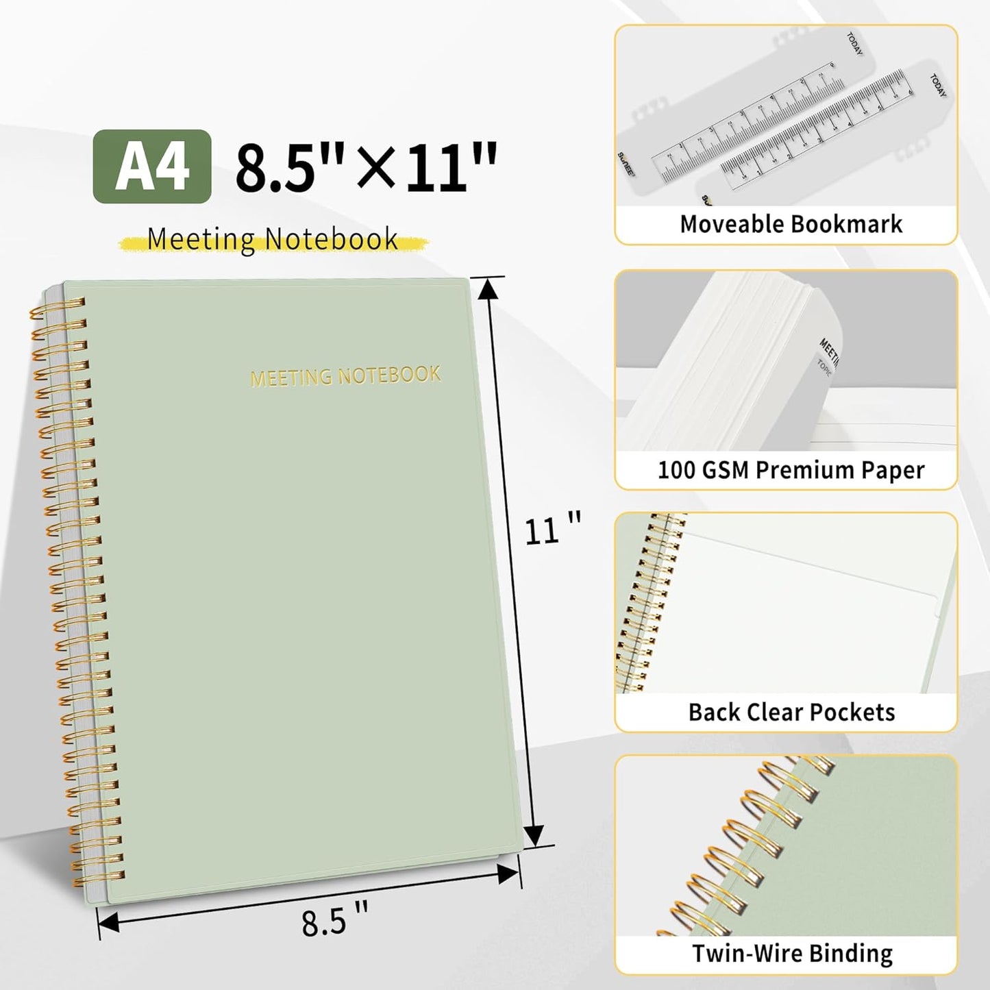 SUNEE Half Meeting Half Note - 7.5"x10" Professional Notebooks for Work - 160 Pages, B5 Size Project Planner, Spiral Meeting Agenda/Minutes Organizer for Women Men, Note Taking, Office & Business