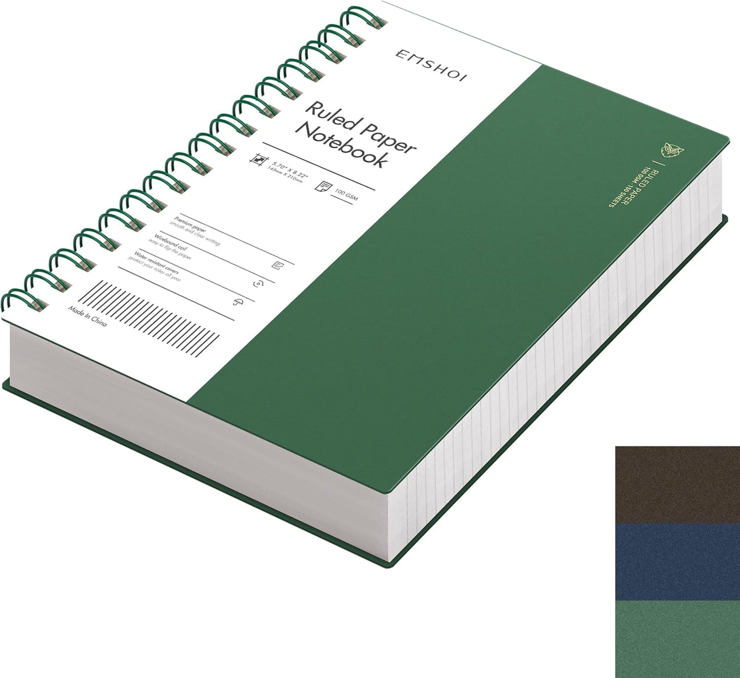 EMSHOI A5 Spiral Notebook College Ruled Lined Journal, Small 5.7" X 8.22", 300 Pages/150 Sheets, 100gsm Thick Paper, Waterproof Hardcover, for Office School Women Men Work Writing Notes, Blue