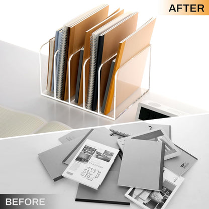 SANRUI Desk Organizer Clear Acrylic Desk Magazine File Holder with 3 Vertical Sections Magazine Rack File Organizer for Office, Home, School